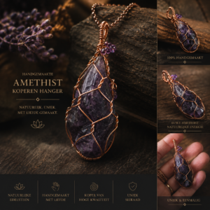 Handgemaakte Koperen Hanger Amulet met Ruwe Amethist