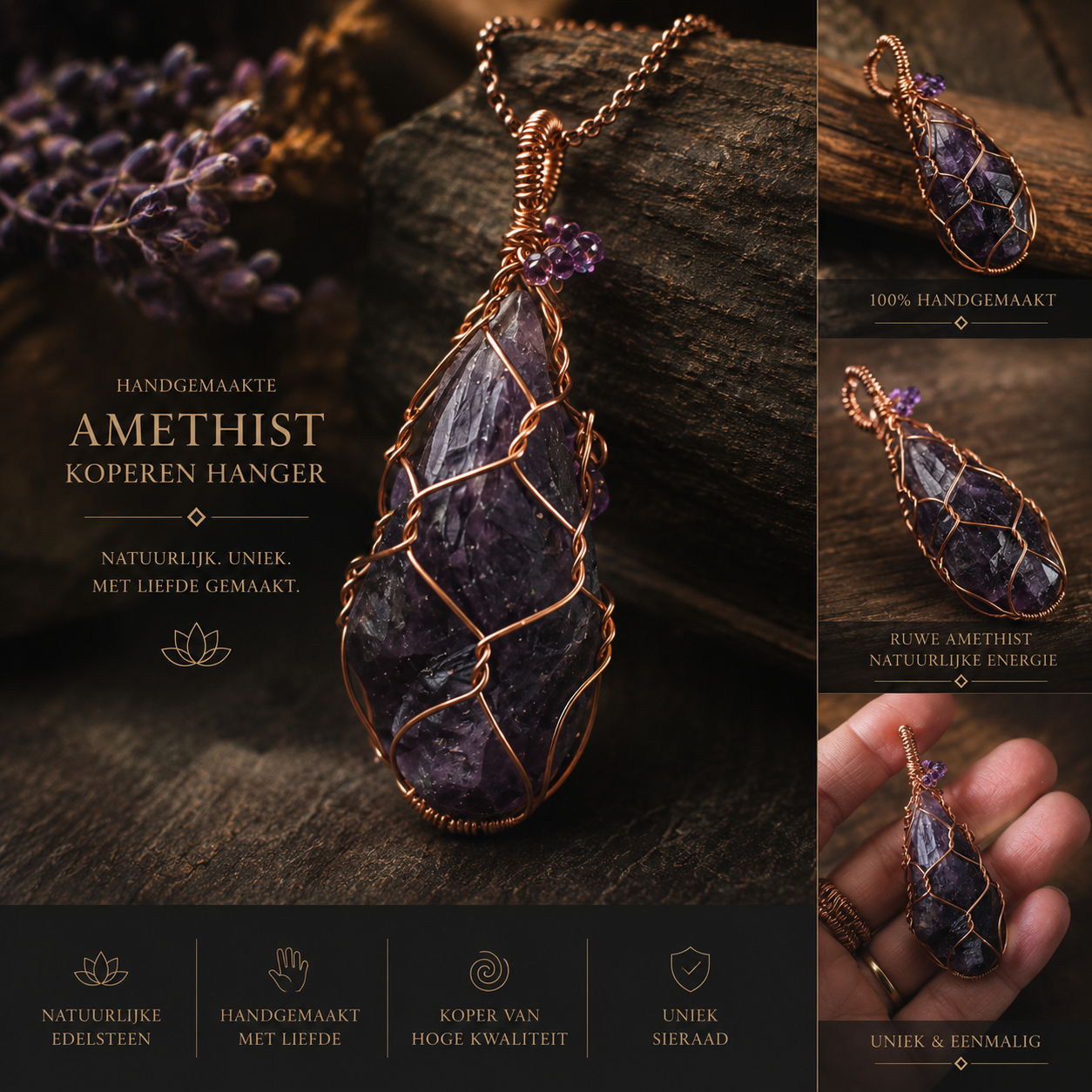 Handgemaakte Koperen Hanger Amulet met Ruwe Amethist