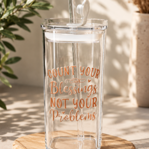 Vierkante Glazen Tumbler – 250 ml"Count your blessings"