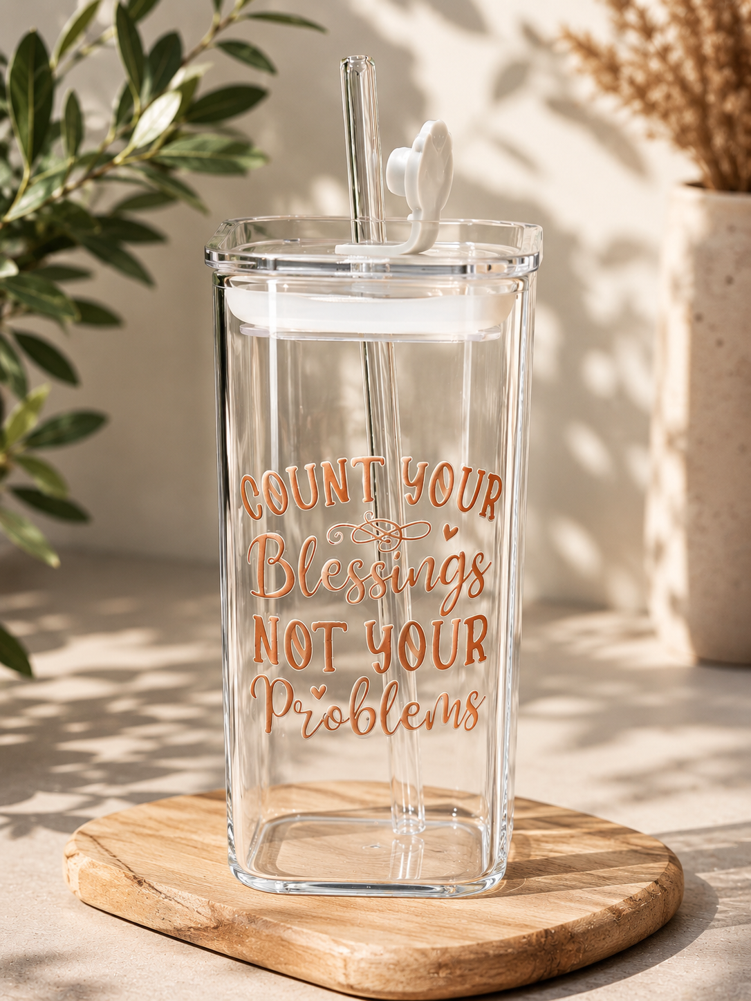 Vierkante Glazen Tumbler – 250 ml"Count your blessings"