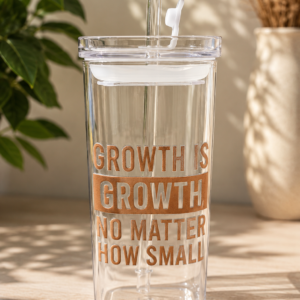 Vierkante Glazen Tumbler – 250 ml"Growth is growth"