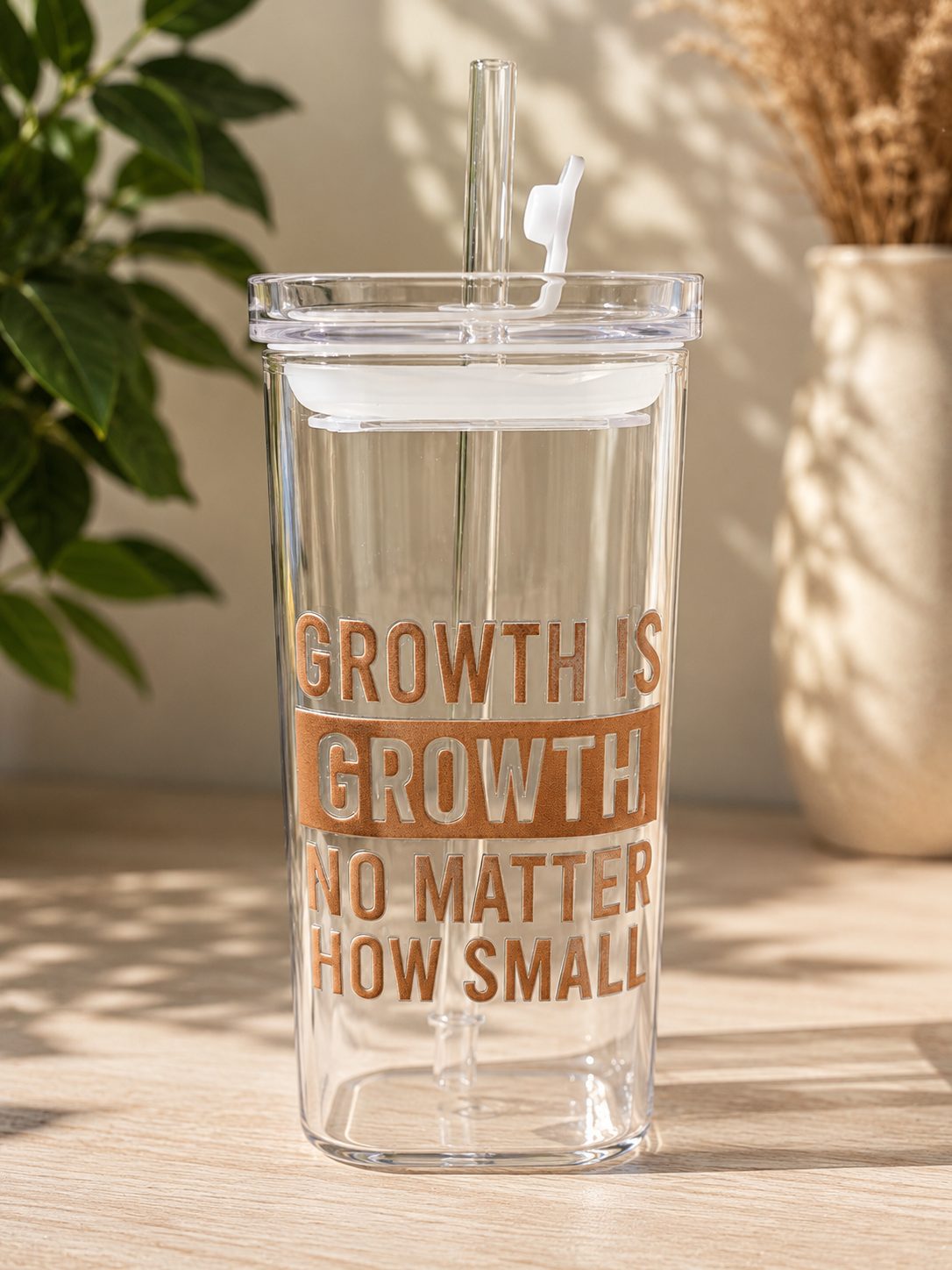 Vierkante Glazen Tumbler – 250 ml"Growth is growth"