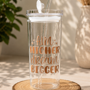 Vierkante Glazen Tumbler – 250 ml"Aim Higher"