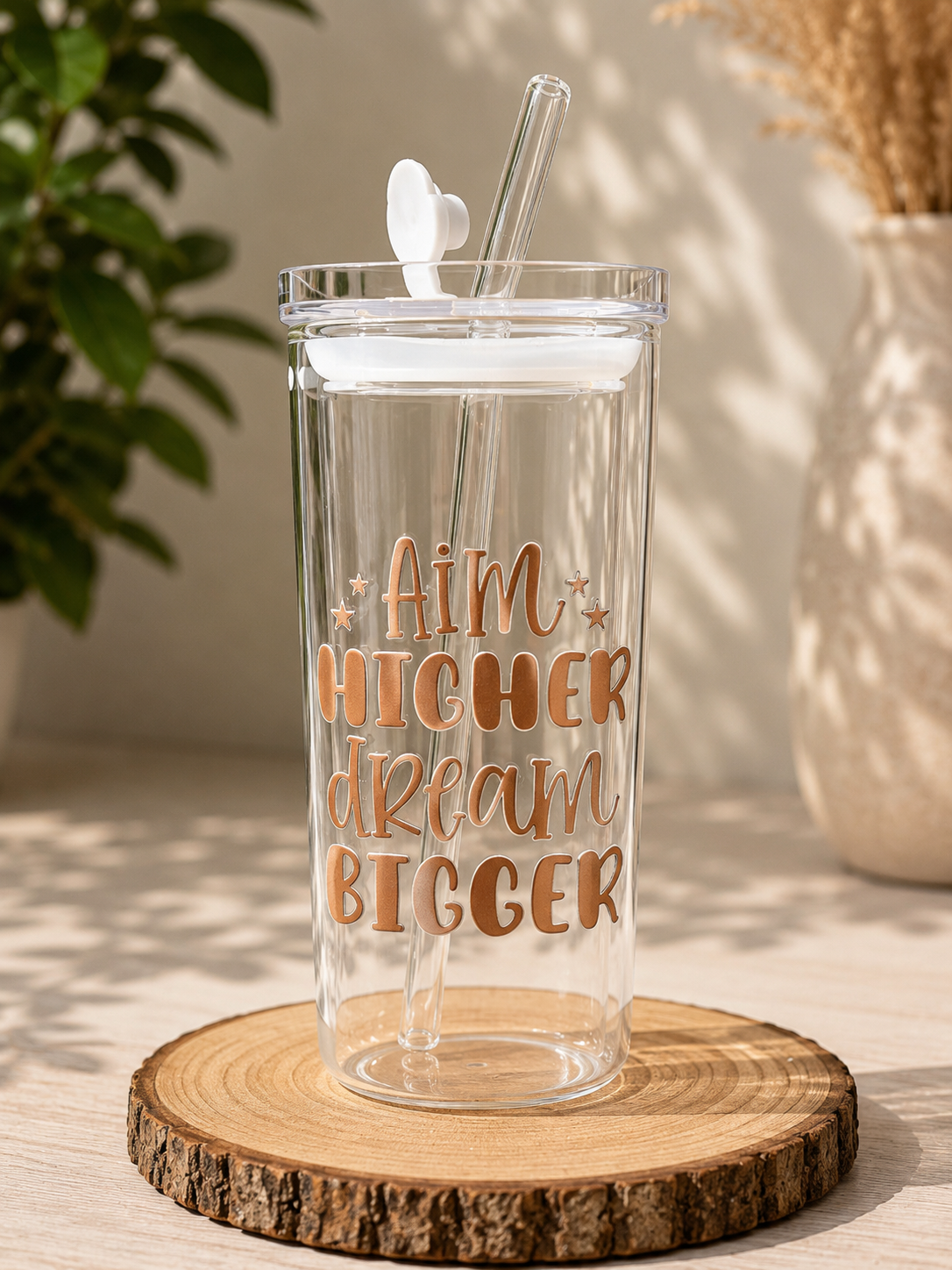 Vierkante Glazen Tumbler – 250 ml"Aim Higher"